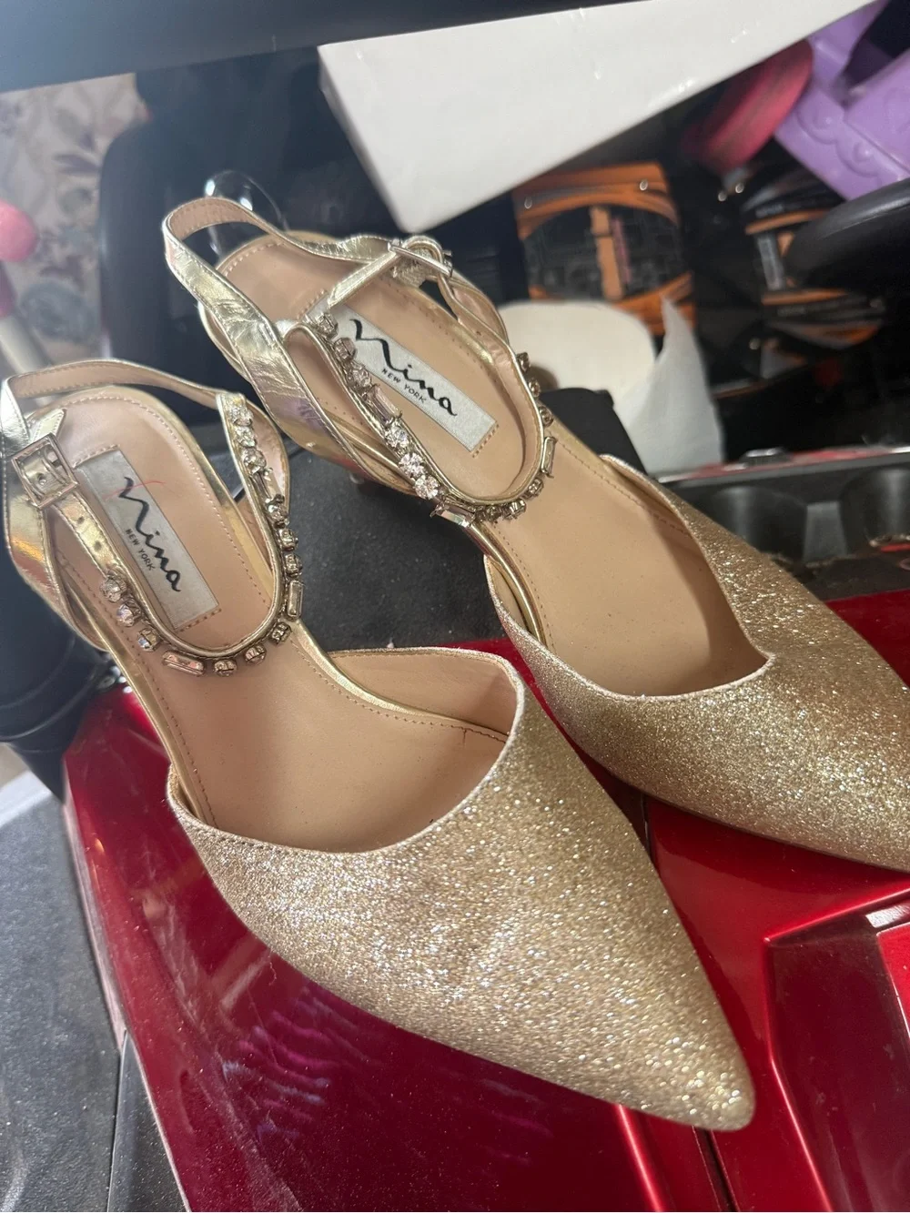 Nina Gold Glitter Pointed Toe Jeweled Slingback Heels